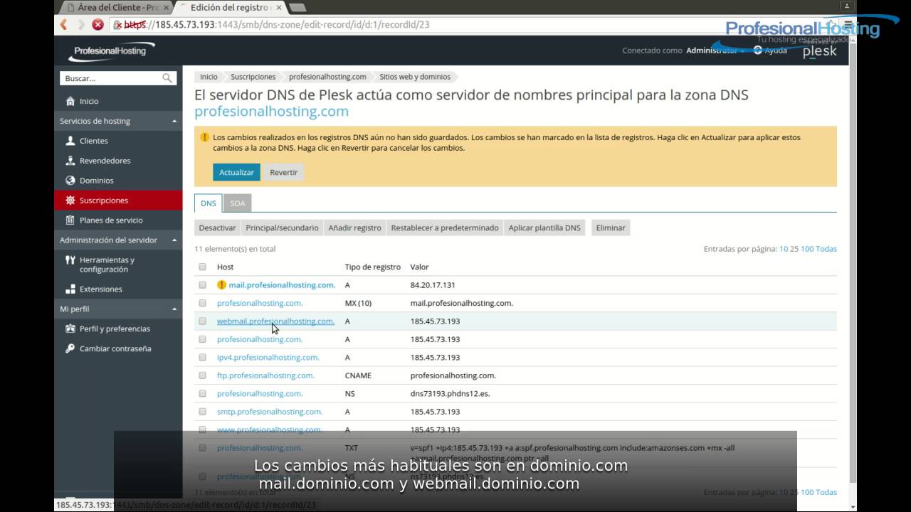 Plesk 12.5 modificar los registros DNS