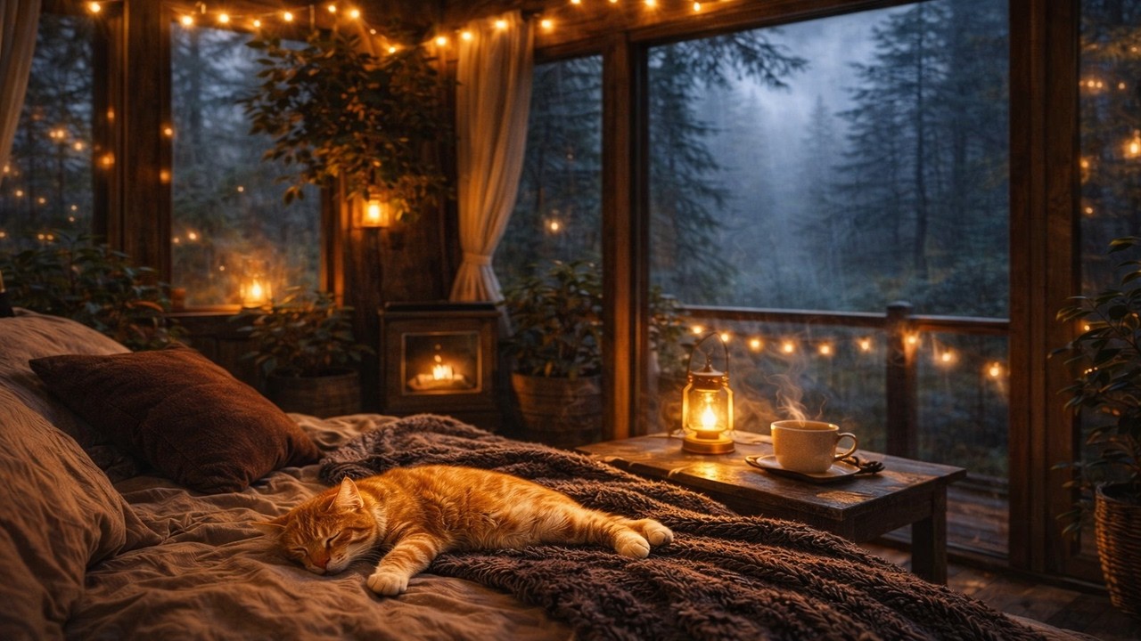 Rainy Night with a Sleeping Cat 🐾 Cozy Bedroom Ambience for Sleep, Relaxing Rain Sounds (1 Hours)