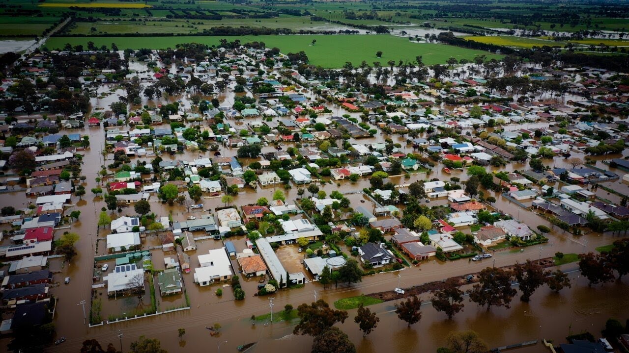 Flooding from the air in Rochester, Australia.