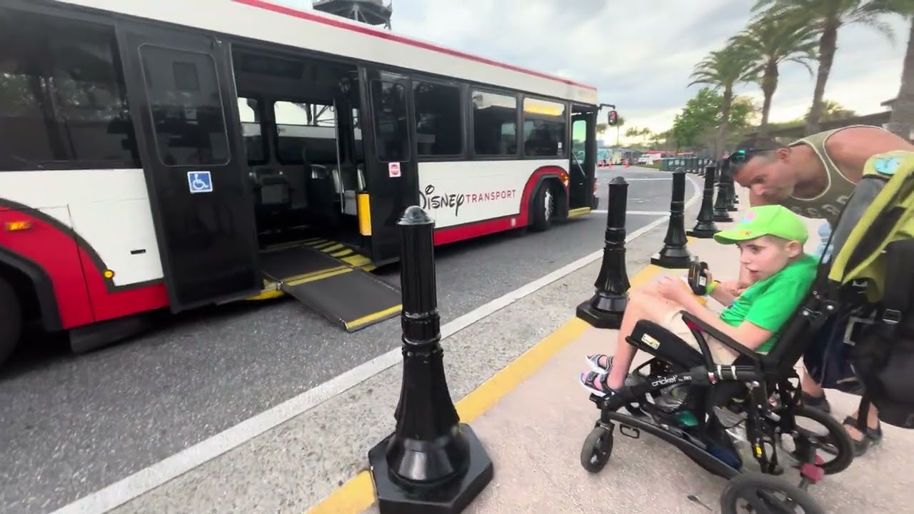 Kayden loving Disney Transport Bus Ramp at Disney Springs #disneybus #bus #disneysprings #busboyk