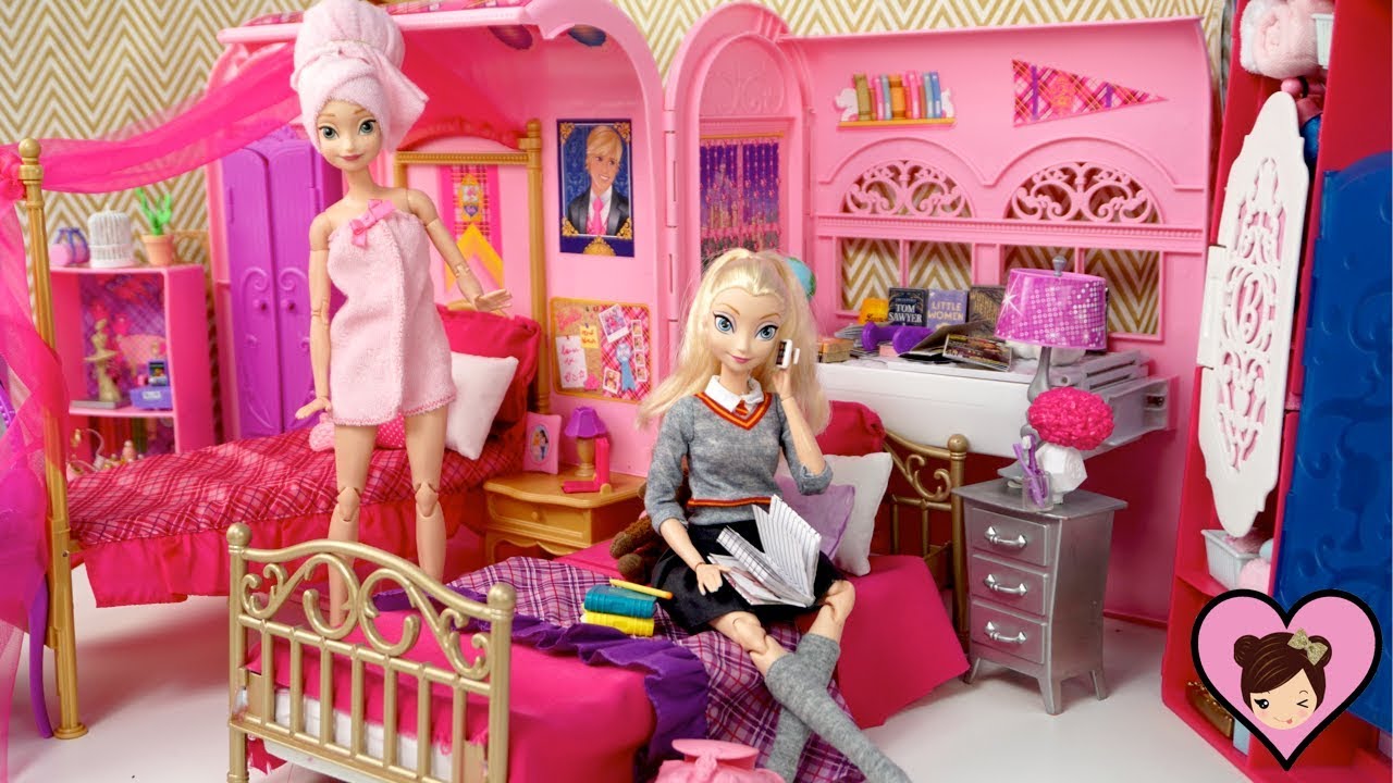Barbie Elsa & Anna  School Evenight Routine -  Rapunzel Pink Spa Bath & Dorm Room