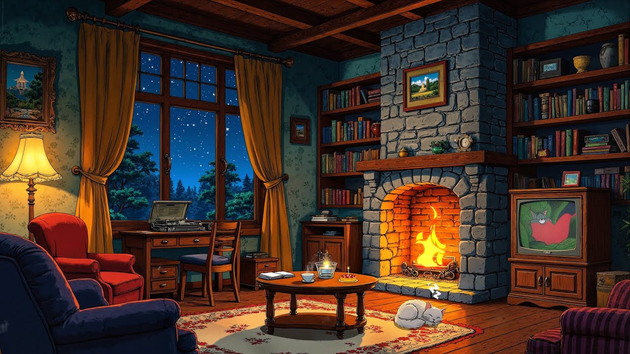 it's a vintage night in 1950s with oldies playing in another room (crackling fireplace)