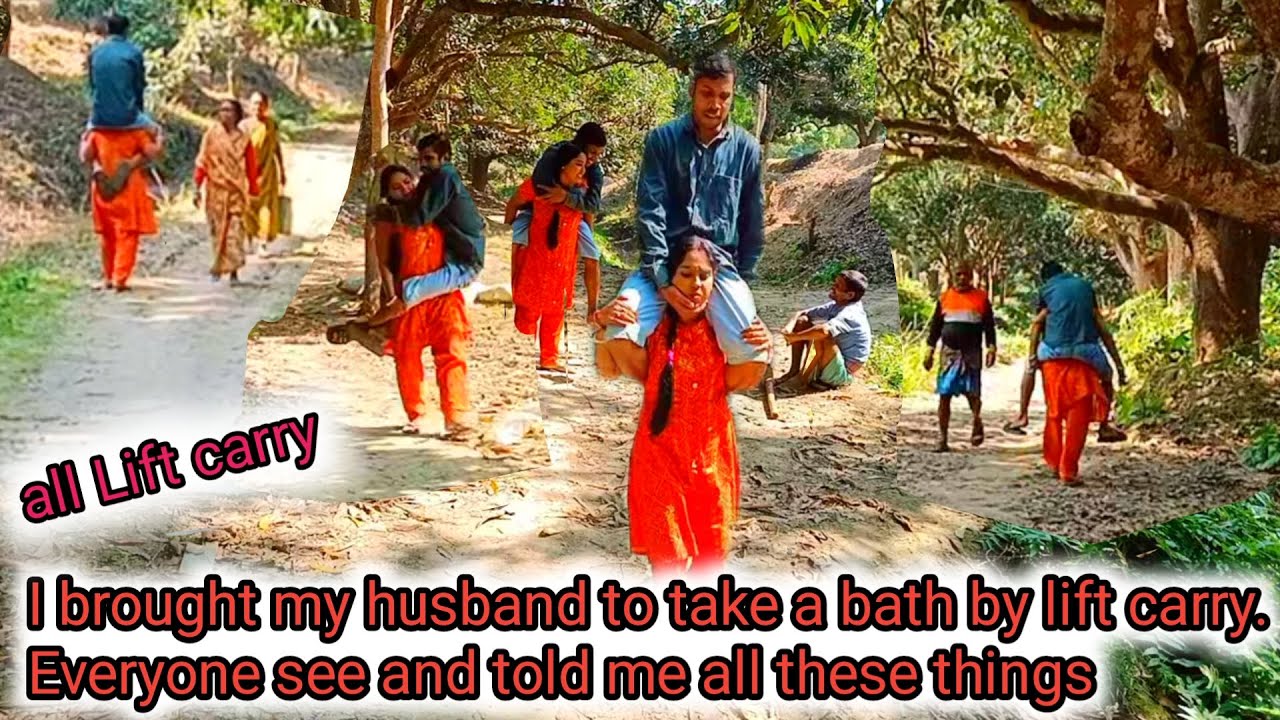 Indian woman lifts her husband to the pond on a winter morning and bathes him/lift carry challenge.