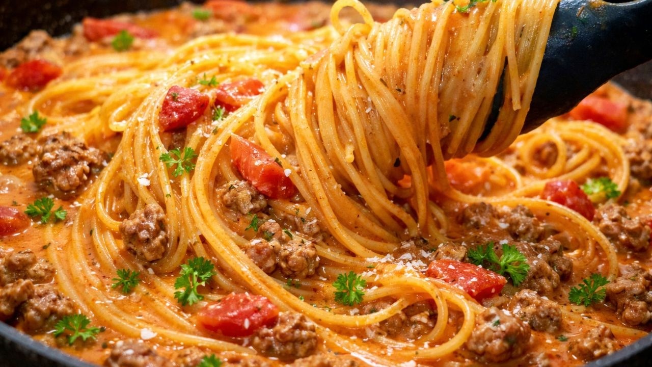 One Pan Beef Spaghetti Recipe | Easy Creamy Pasta Dinner