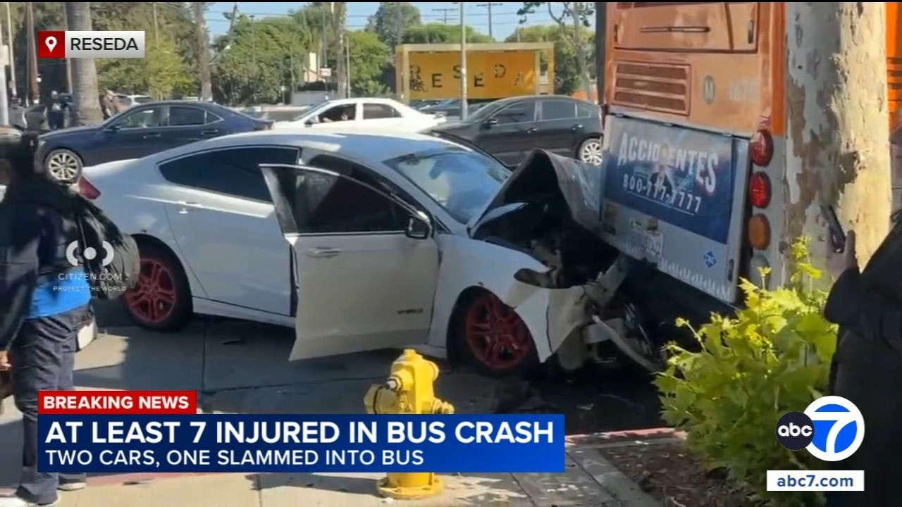 6 hospitalized after car slams into Metro bus in multi-vehicle collision in Reseda