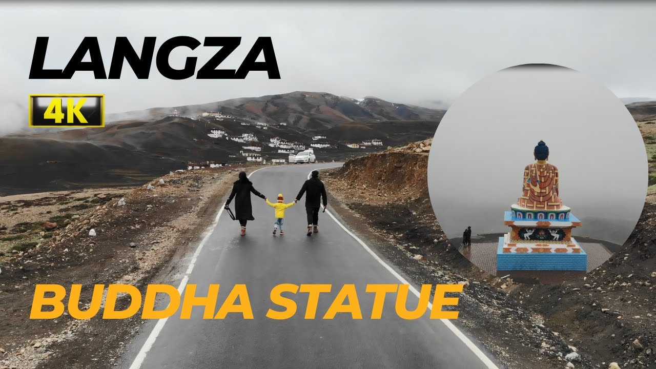 4K Drone View in Live Snowfall | Langza Buddha Statue | Langza Village | Fossil Village