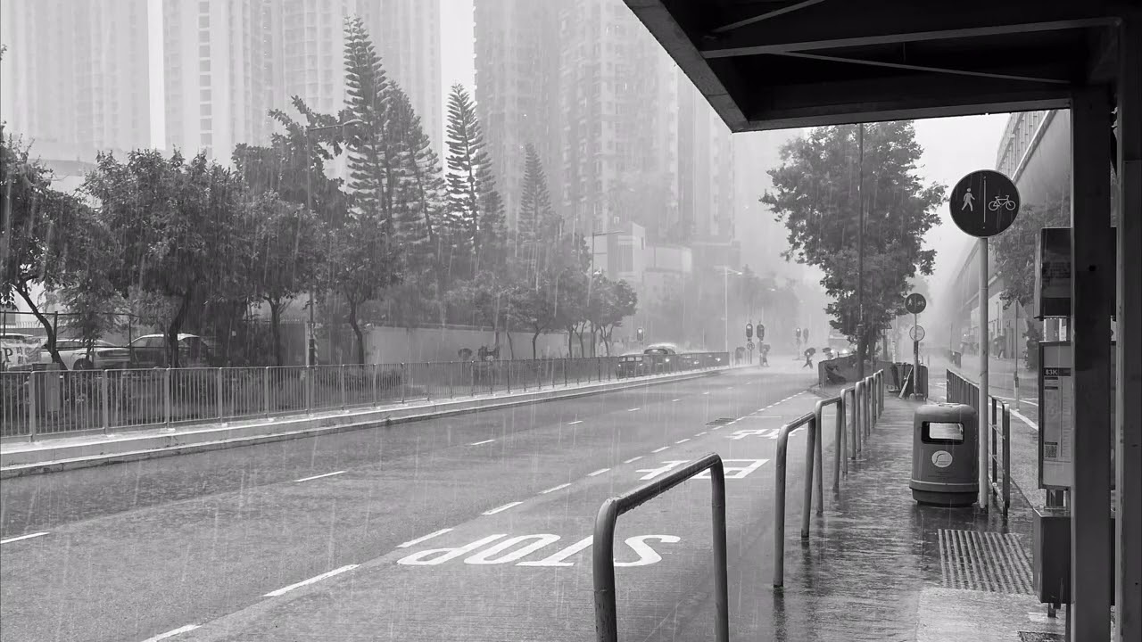 Waiting at the Bus Stop on a Stormy City Day - Rain, Thunder and Traffic Sounds for Relaxation