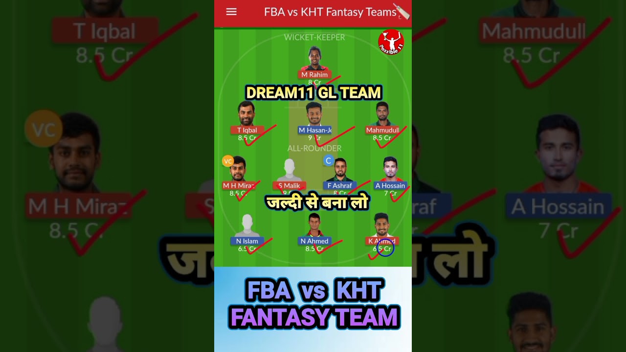 FBA vs KHT Dream11 Team Prediction Today | FBA vs KHT Dream11 Prediction #possible11