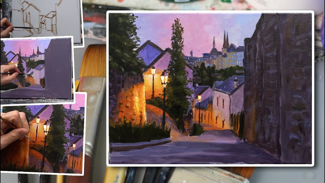 Painting a city in evening light with acrylics