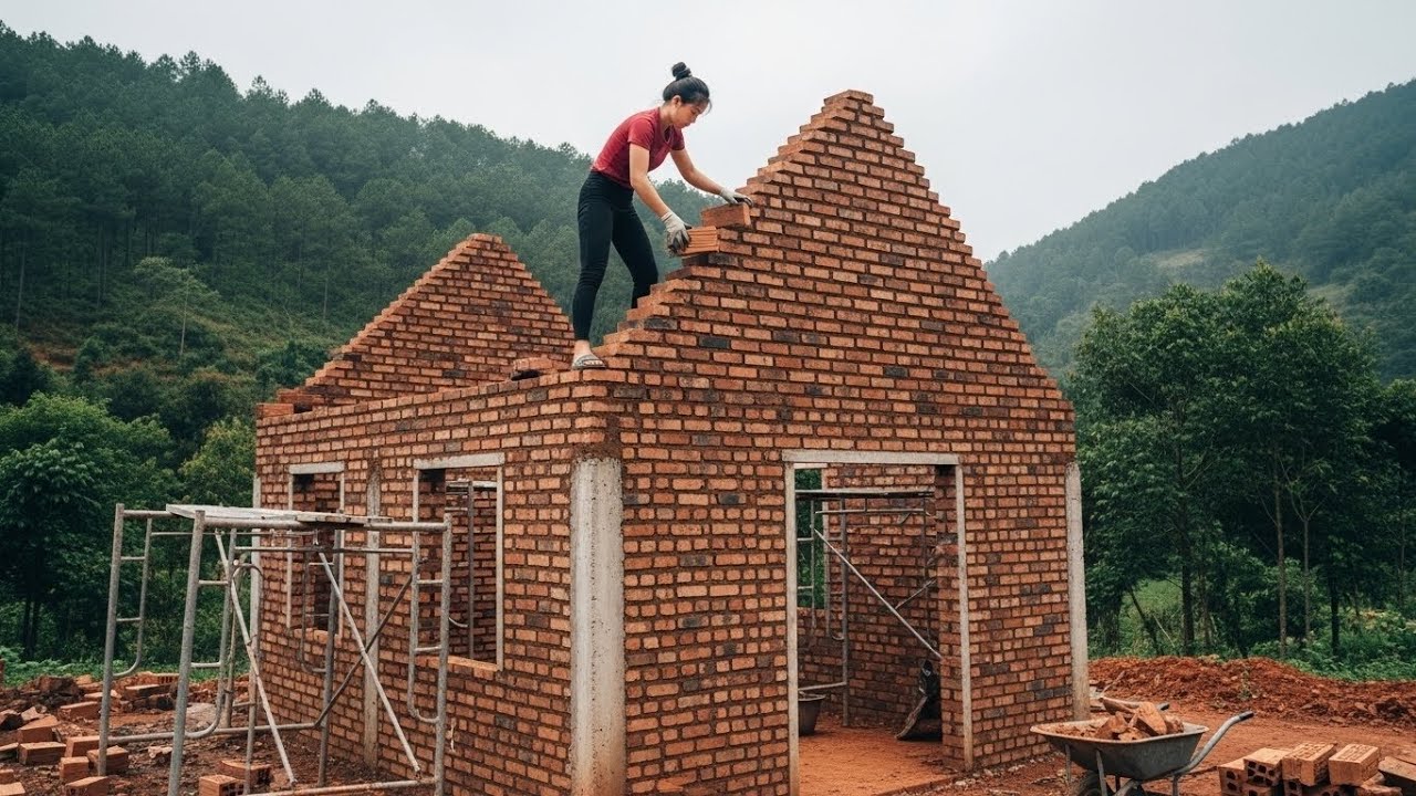 Timelapse video 120 days of building a red brick house by a young girl