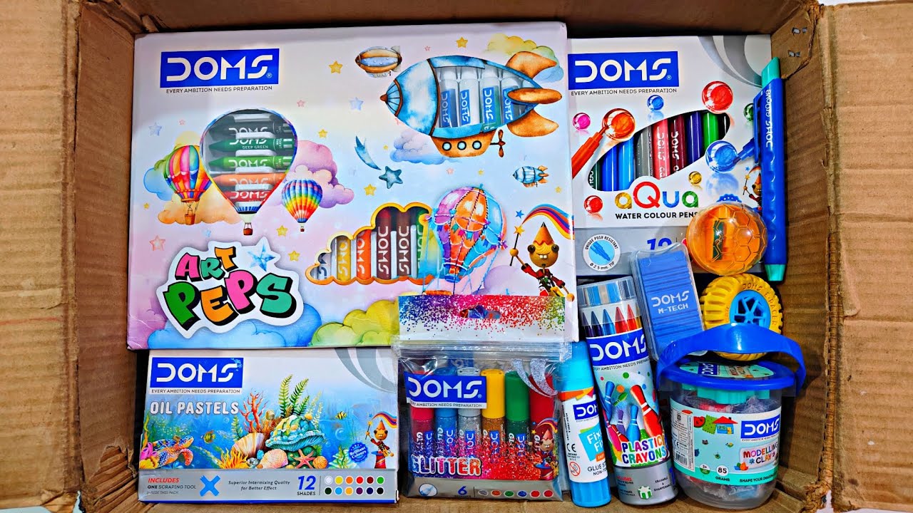 Unboxing Modern DOMS Stationery 📚, Jumbo Kit, Oil pastel, Modelling clay, Glitter, Floting Pen, Glue