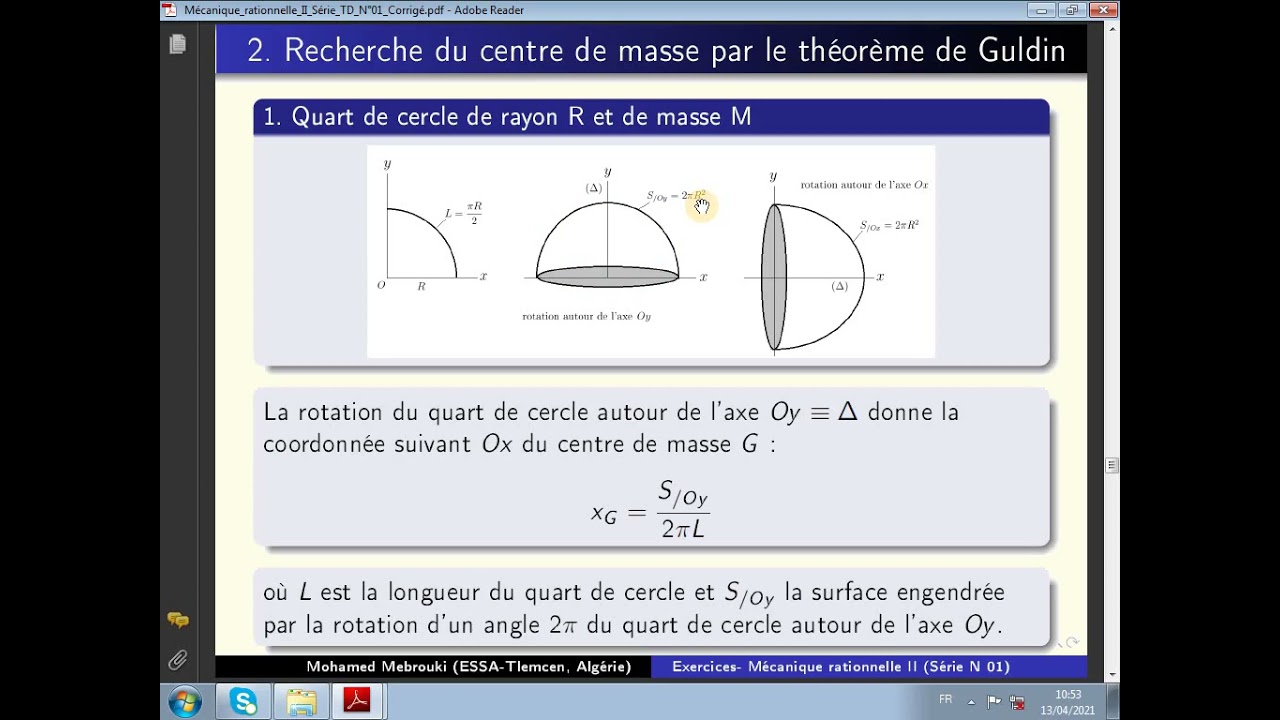 332. Mécanique rationnelle (Série 06- Exercice 2: Centre d'inertie par la méthode de Guldin)