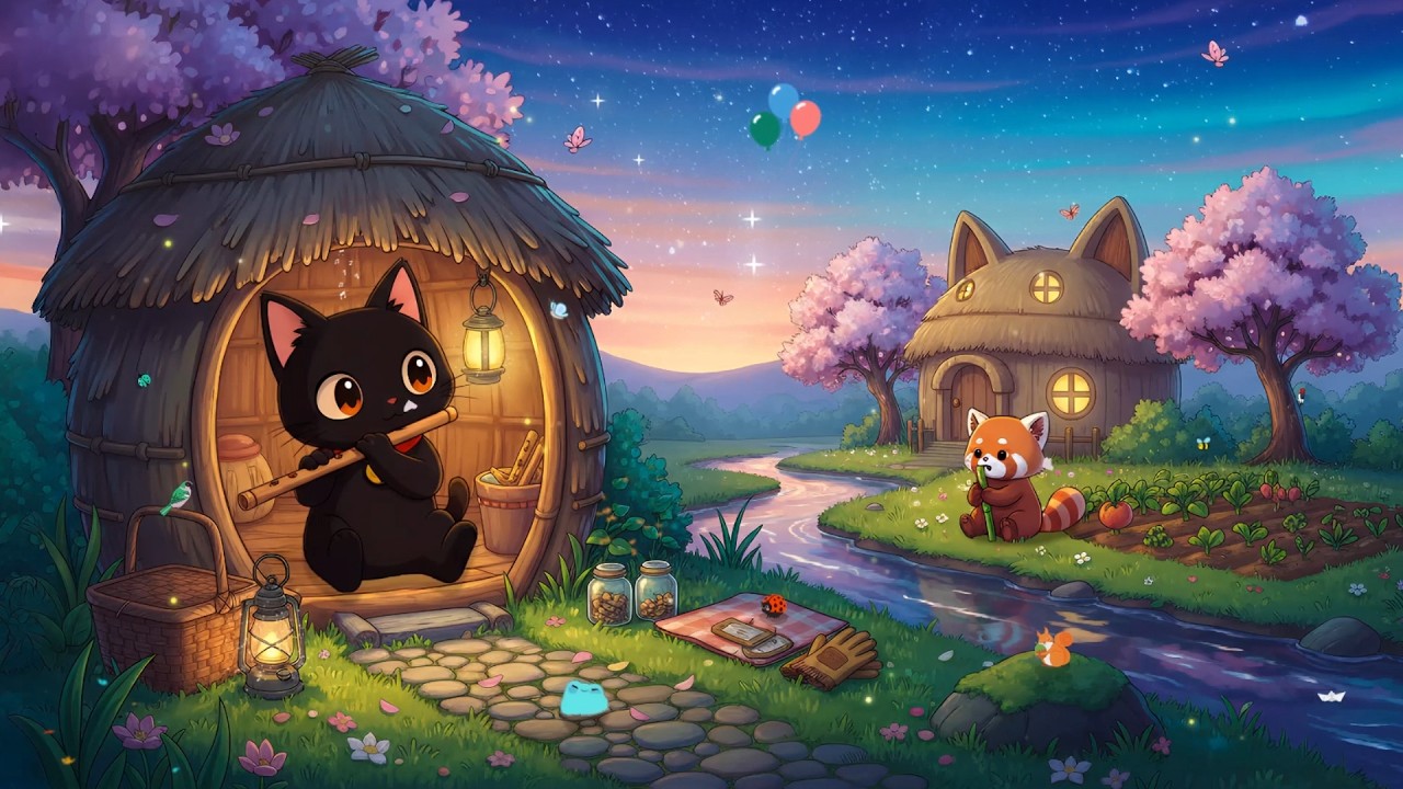 Sunset at the Kitty's Cat Village 🐾 Peaceful Nature Lofi 🌌 Chill Beats to Unwind & Relaxing