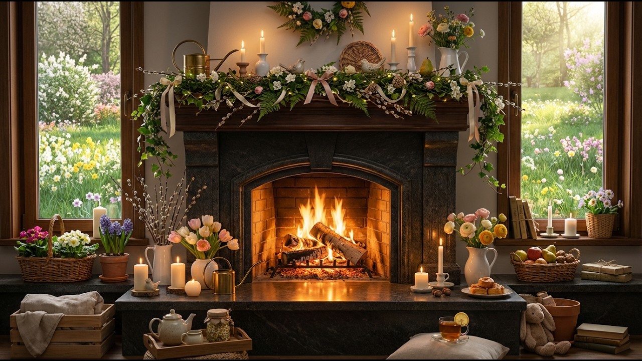 🔥 Cozy Spring Fireplace Ambience 🌿 Relaxing Crackling Fire Sounds for Sleep & Calm Evening