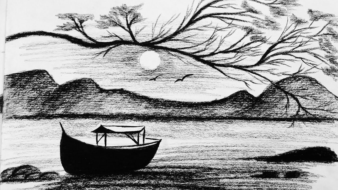 Easy Boat Drawing in River | Beautiful Mountain & Sunset Pencil Art