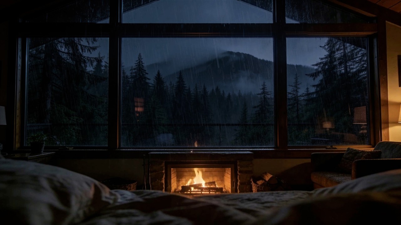 🔴 LIVE Rain on Window & Cozy Fireplace 🌧️🔥 Mountain Storm Night | Deep Sleep | NO ADS