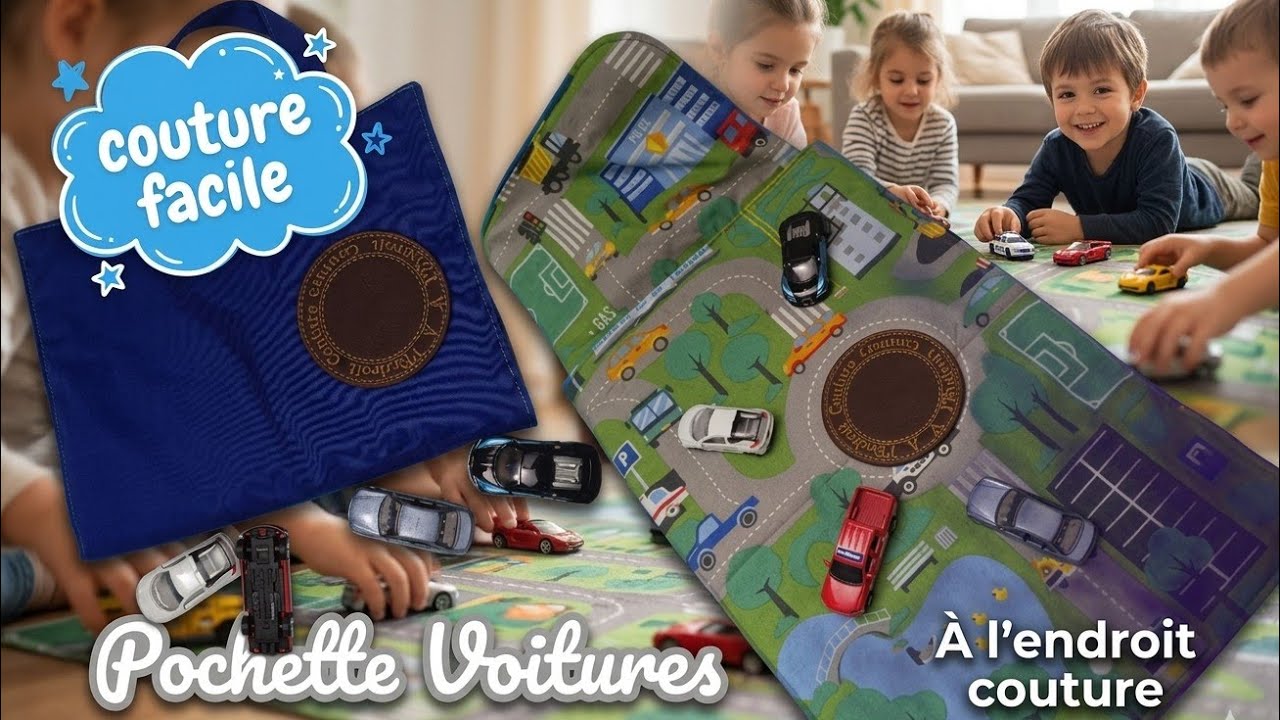 La pochette à petites voitures , tuto sans paroles,couture facile 