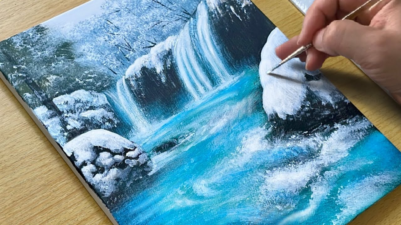 How to Draw a Winter Waterfall / Acrylic Painting for Beginners