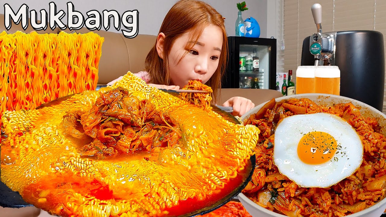 Sub)Real Mukbang- Острый рамен со свининой 🍜Жареный рис с кимчи с креветками 🍳 Разливное пиво 🍺 ASMR