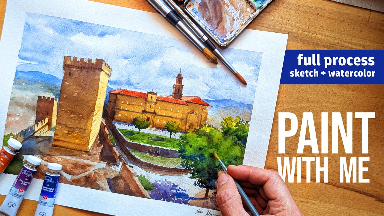 Paint with me STEP by STEP full process watercolor: Monasterio de Lemos