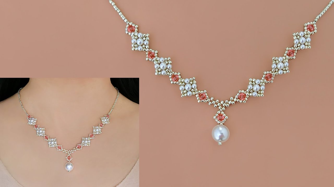 Princess Style Beaded Necklace with Pearls, Seed Beads and Crystal Bicones. DIY Beaded Jewelry.