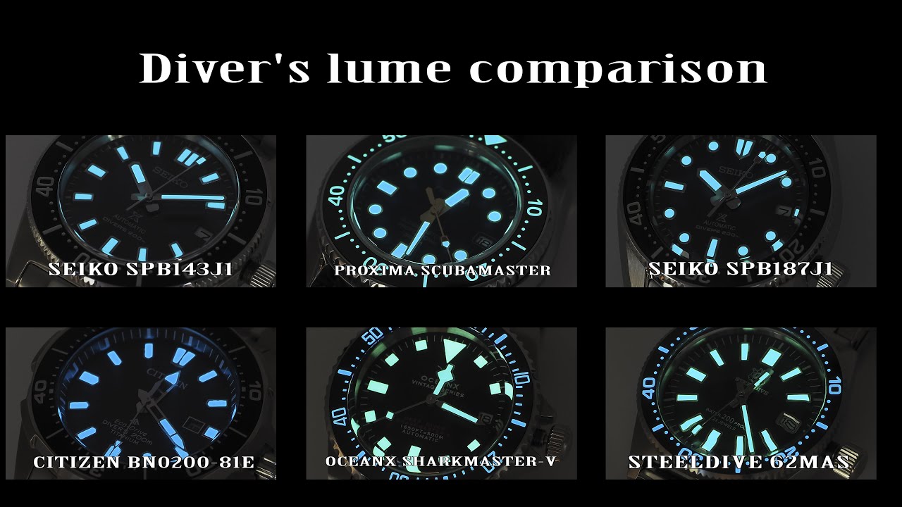 Diver's watch lume comparison - 2 hours Time Lapse