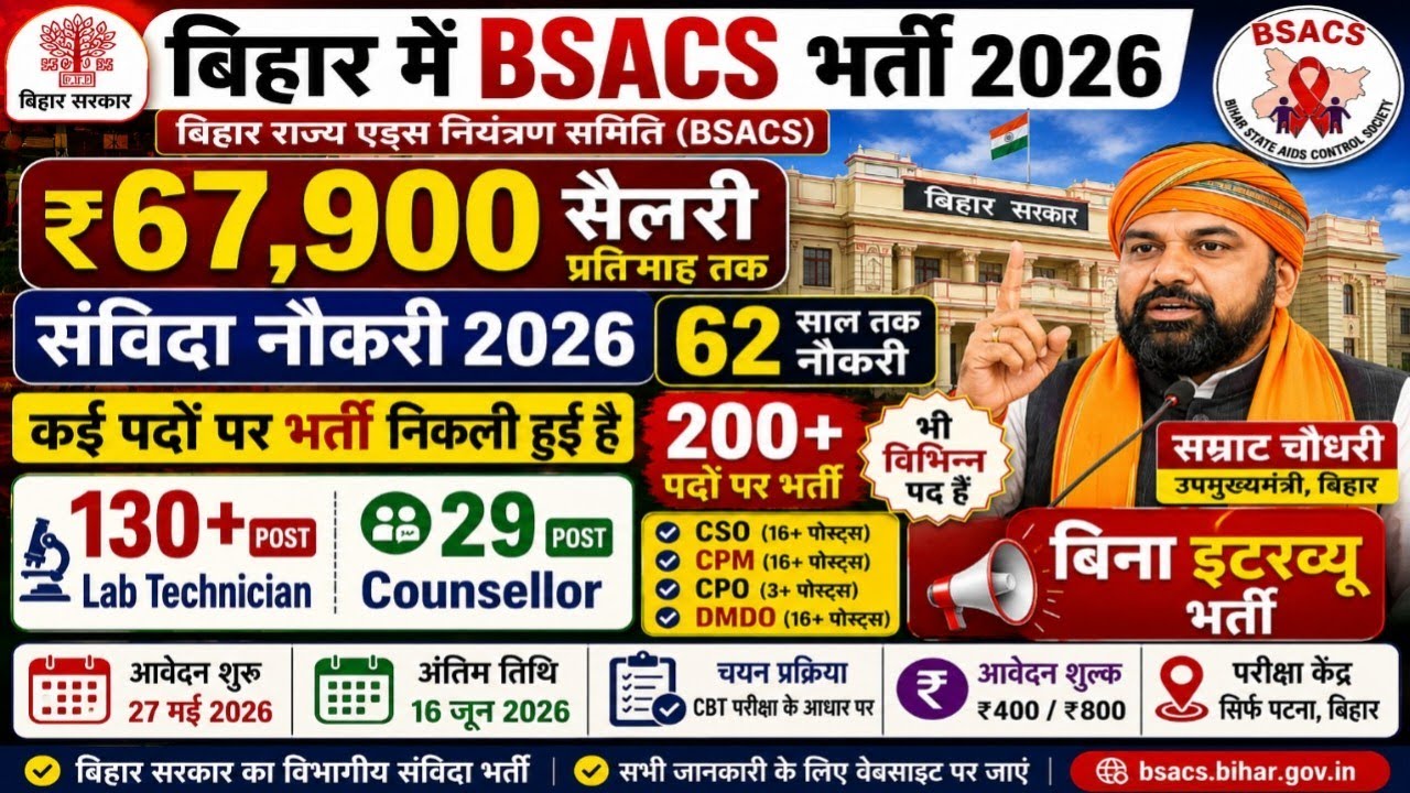 🚨 Bihar Govt New Contractual Recruitment 2026 | BSACS Recruitment 130+ Lab Tech. | CPM, CSO, DMDO...