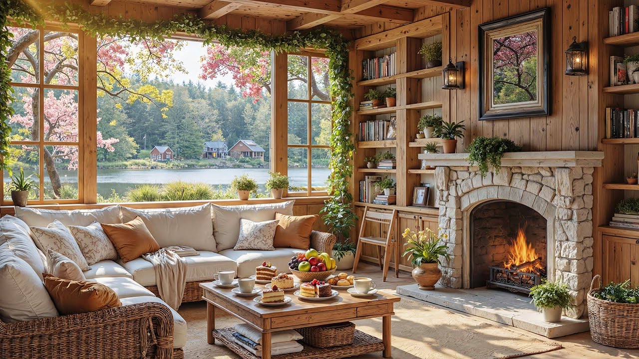 Cozy Spring Cabin Ambience 🌿🔥 | Relaxing Piano, Crackling Fire for Relaxation