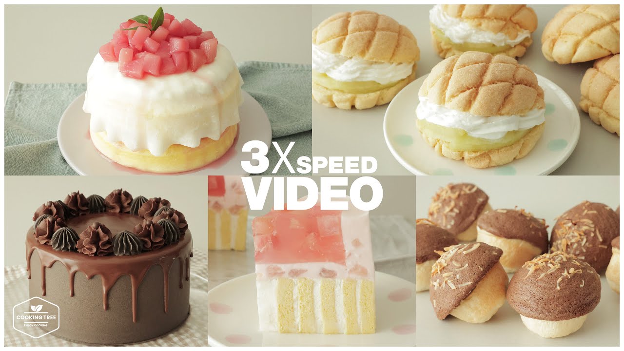#117 3x Speed 케이크 디저트 베이킹 영상 : Cake Dessert Baking Video | 복숭아 치즈케이크,초콜릿 케이크, 멜론 크림빵 | Cooking tree