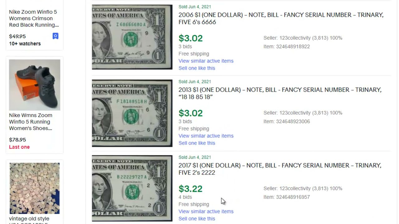 Trinary serial numbers on $1 bills and what they sell for