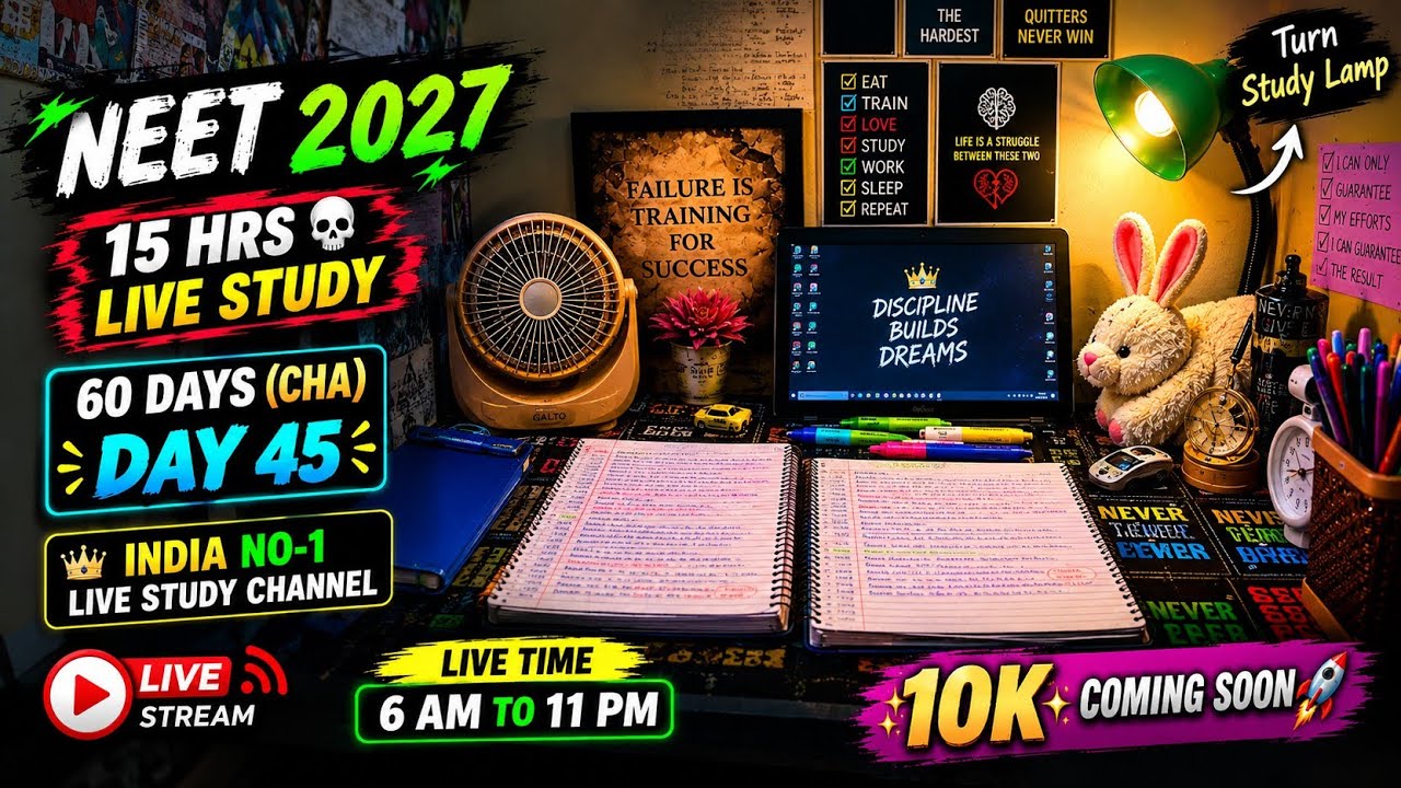 📚 NEET 2027 STUDY MARATHON | 15 HOURS LIVE | Focus Mode ON 🔥STUDY WITH ME DAY 45 #studywithme #neet