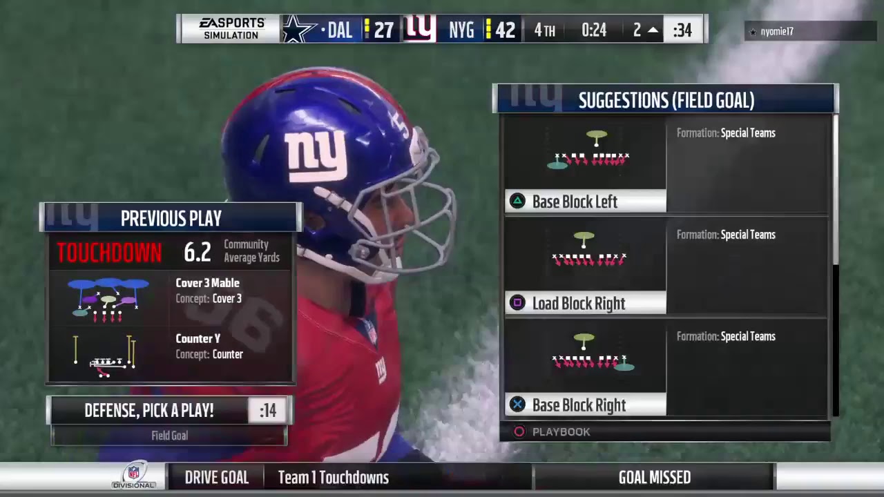 Cowboys  vs Giants Division rd Playoffs  Season 4 Madden 18
