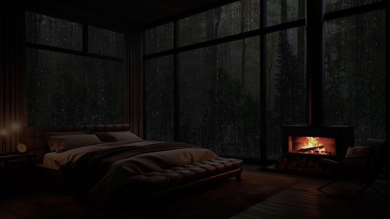 Cabana aconchegante com lareira e chuva na floresta tropical para relaxar profundamente