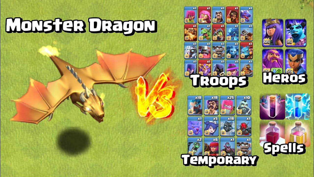 Big Golden Dragon VS All Troops, Temporary Troops, Heros and Spells - Clash of Clans