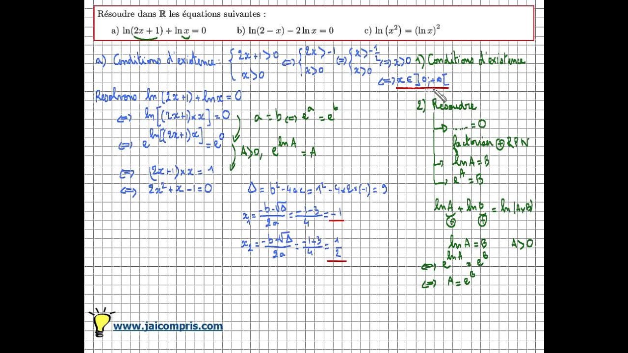 Fonction logarithme népérien : résoudre des équations avec des logarithmes - exercice niveau bac