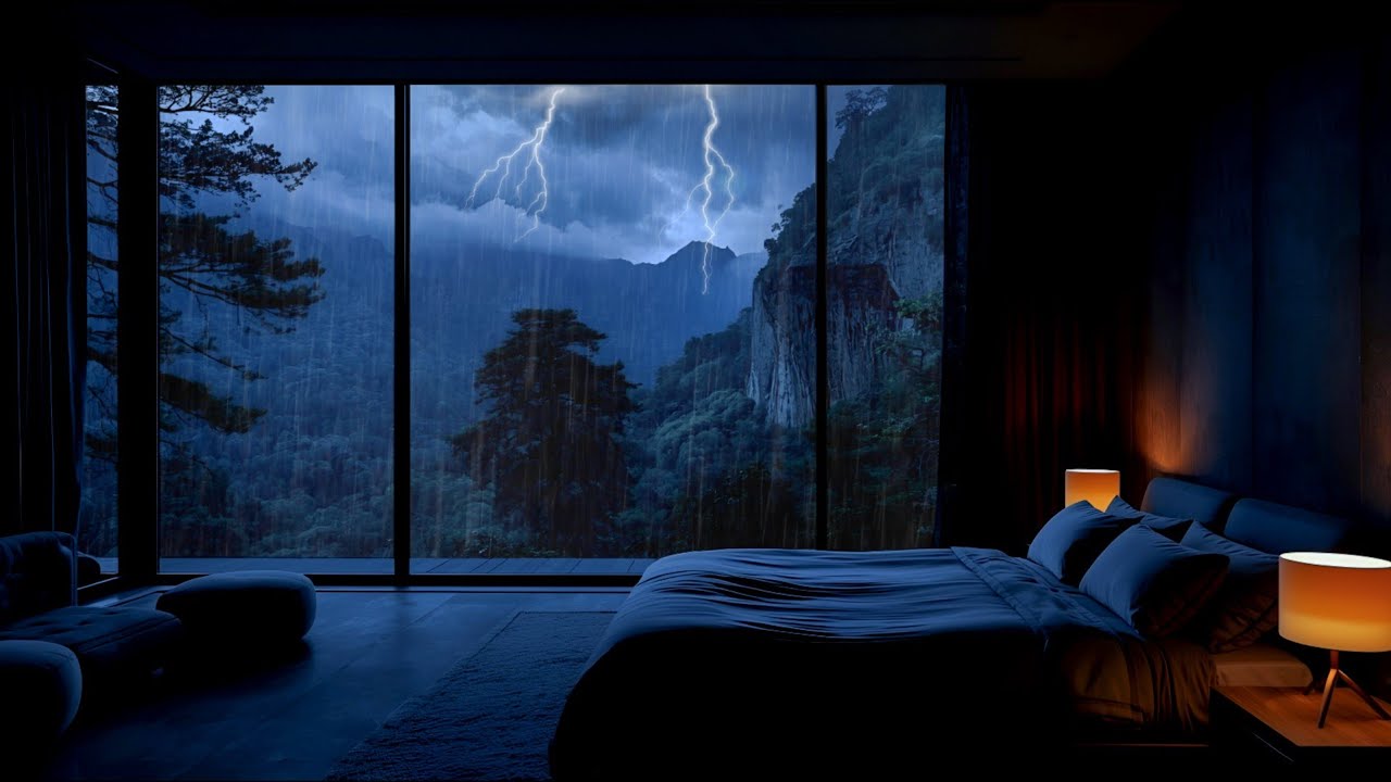 Deep Sleep with Rain Sounds 🌧️ Luxury Mountain Bedroom at Night | Relaxing Storm Ambience 🌙