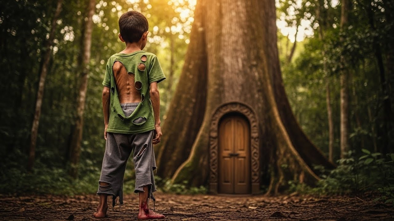 El niño huérfano se refugió en un árbol gigante que tenía una puerta — no imaginaba lo que hallaría