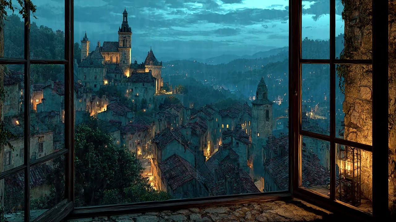 Night Castle Window Rain 🌧️ Calm Medieval Ambience for Deep Sleep, Study & Relaxation