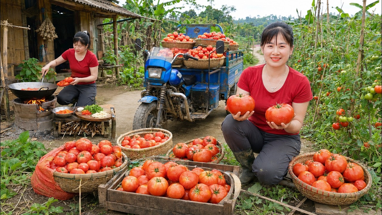 Timelapse - Harvesting Giant Juicy Winter Tomatoes | Market Selling & Cooking Alone
