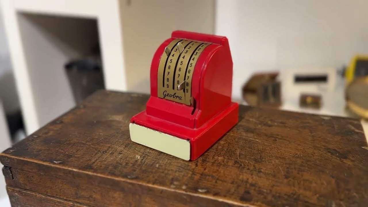 Geobra cash register old tin toy vintage playmobil pretend play metal miniature 60s red color