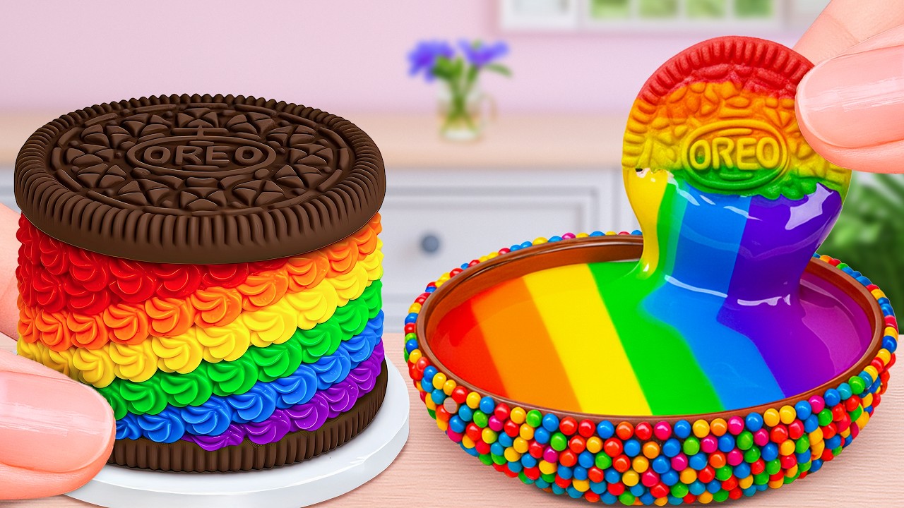 Amazing Mini Rainbow Cake 🌈 Oreo Melt Dip & Satisfying Cream Layer Build | Colorful DIY Dessert