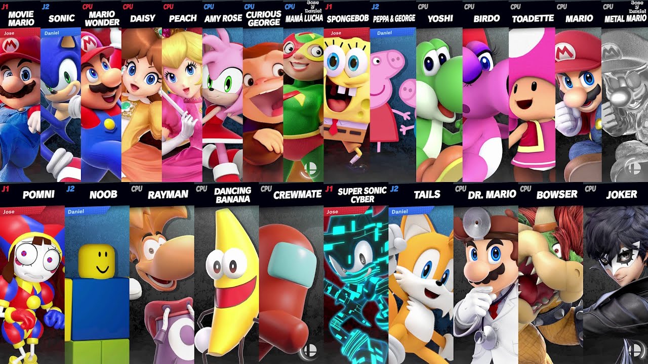 Team Sonic vs Team Mario Wonder | Pomni vs Noob vs Crewmate vs Rayman | Super Smash Bros Ultimate