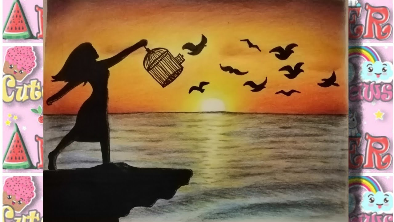 رسم سهل | تعليم رسم منظر طبيعي للغروب وفتاة تحرر طيور مع التلوين بالألوان الخشبية