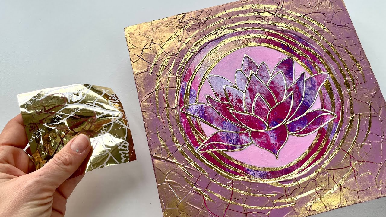 #187 DIVINE GOLD FLUIDART LOTUS PAINTING - acrylic pour art
