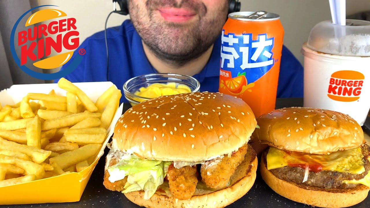 ASMR EATING BURGER KING DOUBLE CHEESEBURGER, CHICKEN WHOPPER, FRIES, M&M'S ICE CREAM MUKBANG EATING
