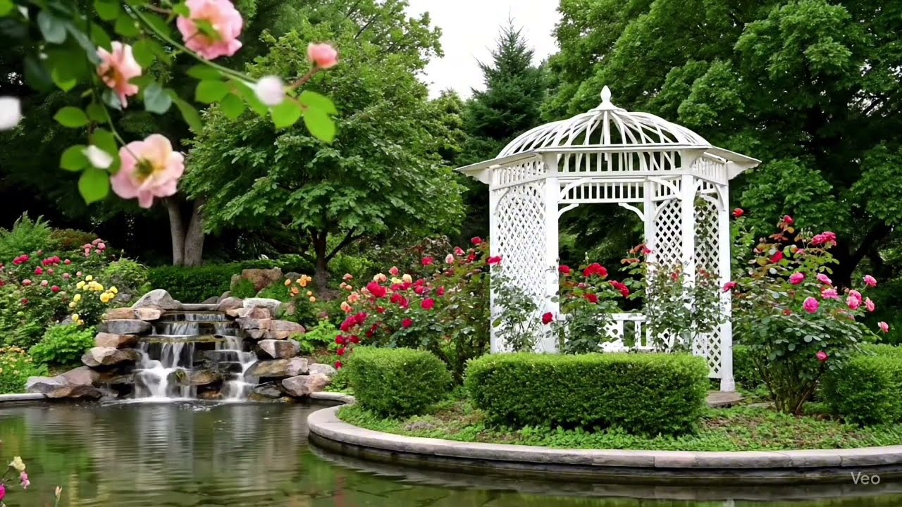 🌿 Relaxing Garden Ambience with Waterfall & Birds Singing | Gazebo & Flowers 🌸✨@Wisteria-I-88