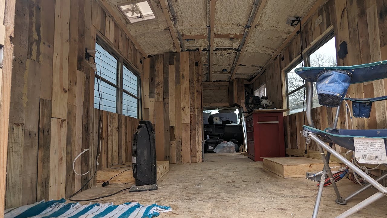 Skoolie Walls Made of Reclaimed Pallets