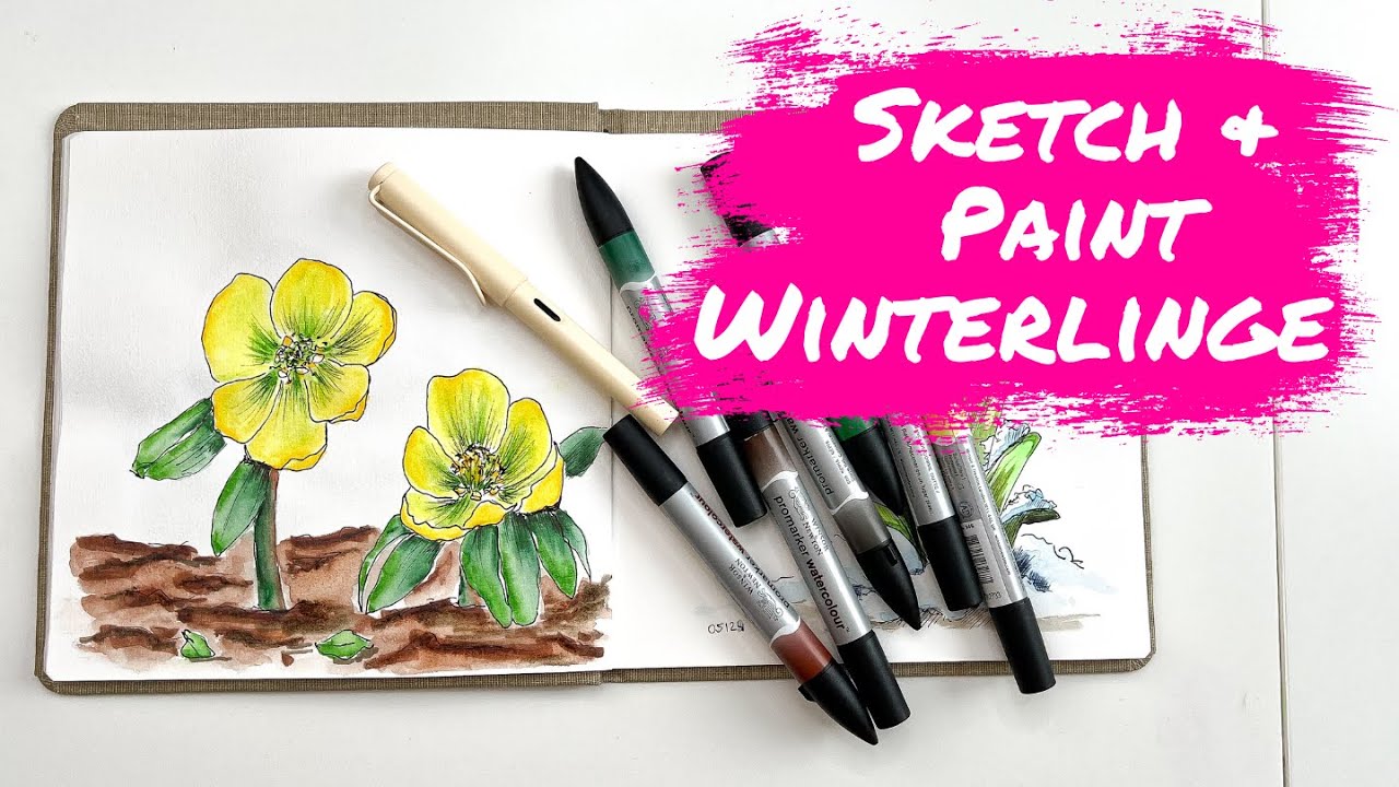 Frühlingsblume - Winterling - ganz einfach zeichnen und malen mit Füller und Brush Pens