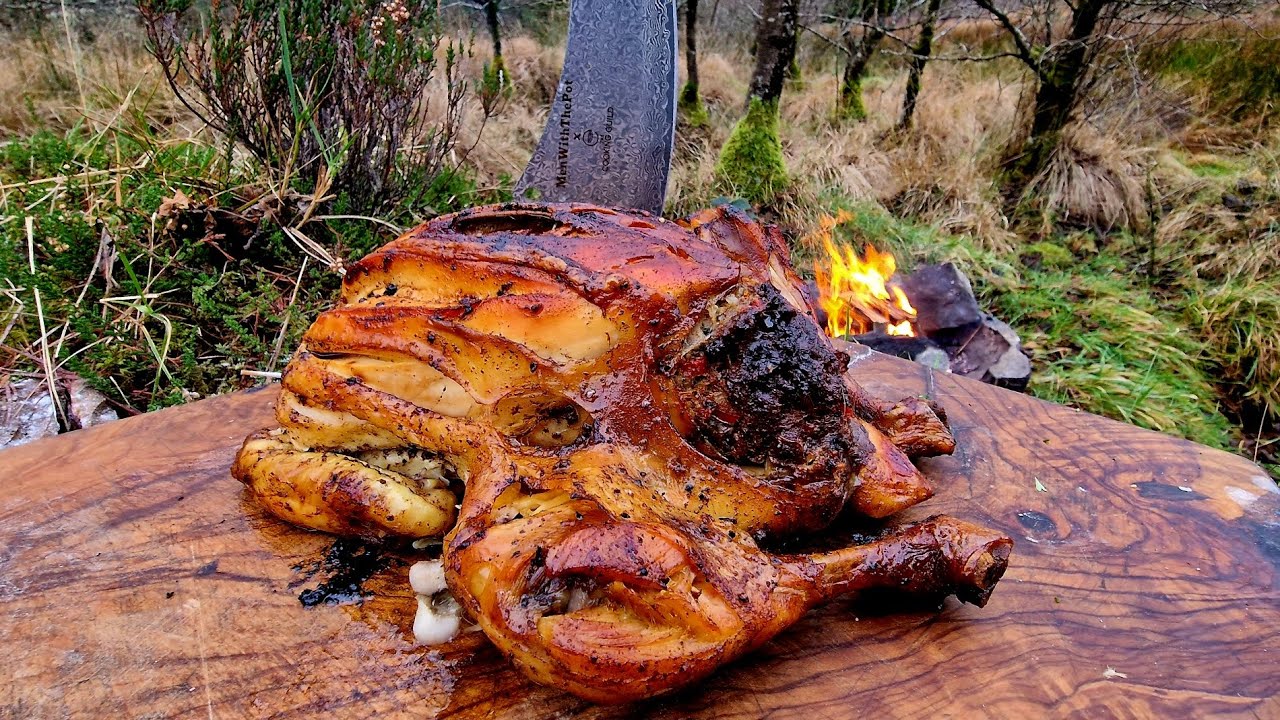 Whole CHICKEN cooked outdoors 🔥🍗(ASMR cooking, Relaxing Sounds, Camping, 4K)