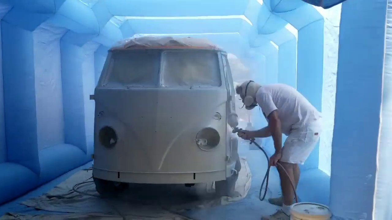 RESTORATION - Painting the outside of the VW bus in inflatable spray booth